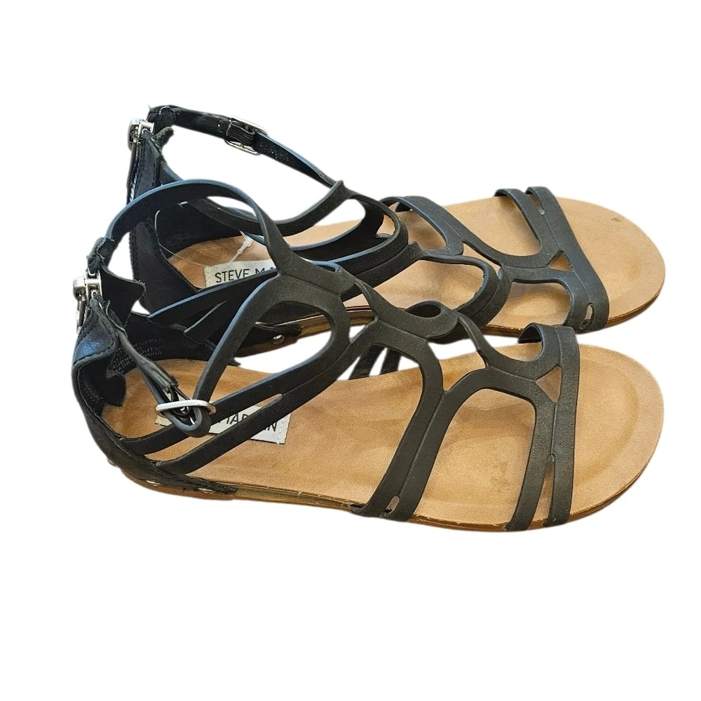 Steve Madden Black Strappy Sandals Delta Gladiator Leather Womens 6.5